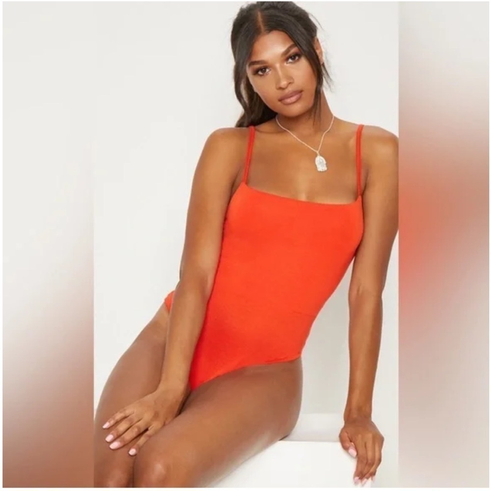 Zara Orange/Red Square Neck
Thong Bodysuit.